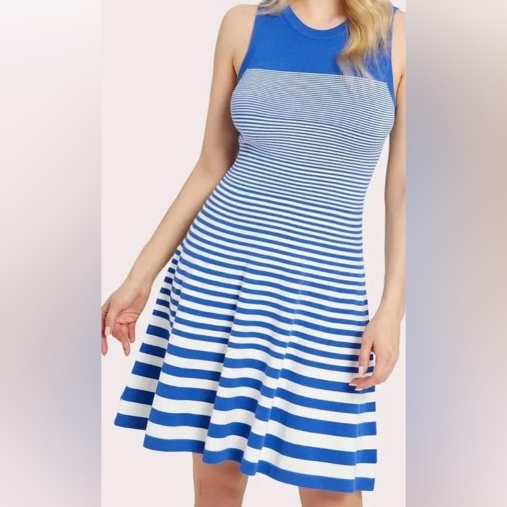Blue and white striped dress.